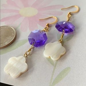 Hand Beaded purple crystal shell dangle earrings
